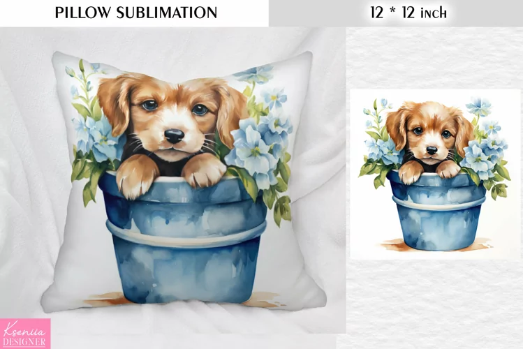 Puppy in the Blue Clay Pot | Animal Pillow Sublimation