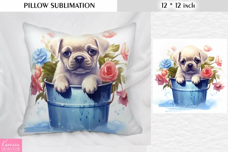 Bulldog Puppy in the Bucket|Animal Pillow Sublimation