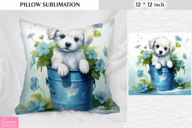 White Little Dog in the Bucket| Blue Pillow Sublimation