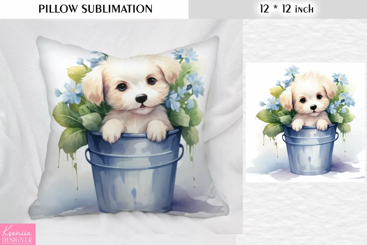 White Little Dog in the Bucket| Blue Pillow Sublimation