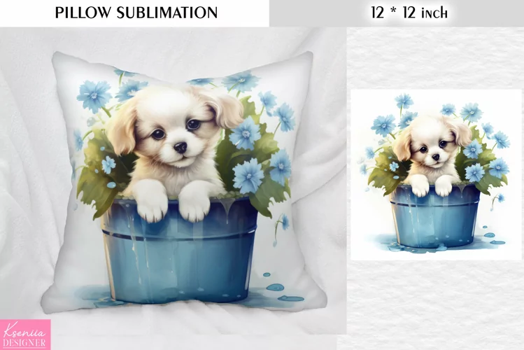 White Little Dog in the Bucket| Blue Pillow Sublimation