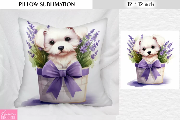 White Little Dog in the Lavender Bucket| Pillow Sublimation
