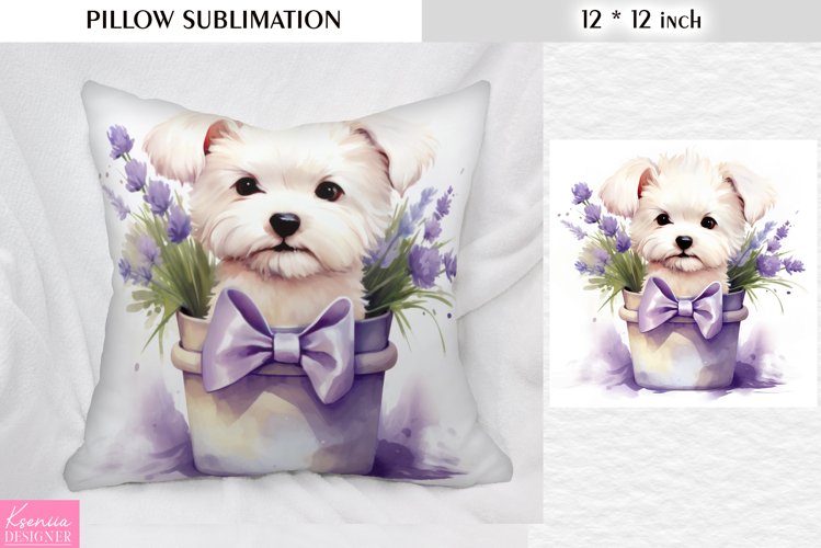 Puppy in the Clay Pot with Lavender| Animal Pillow Design