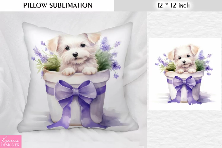 White Little Dog in the Clay Pot with Lavender|Pillow Design