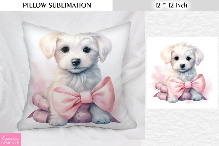 Watercolor Dog with Pink Bow|Animal Pillow Sublimation