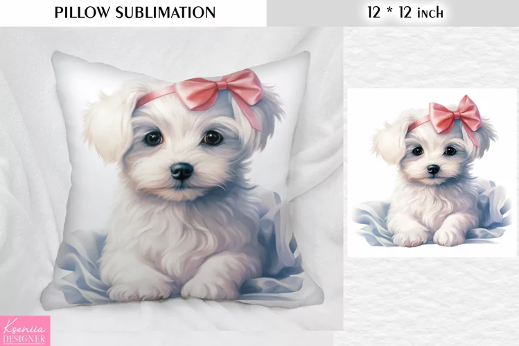 Watercolor White Puppy with Pink Bow|Animal Pillow Design