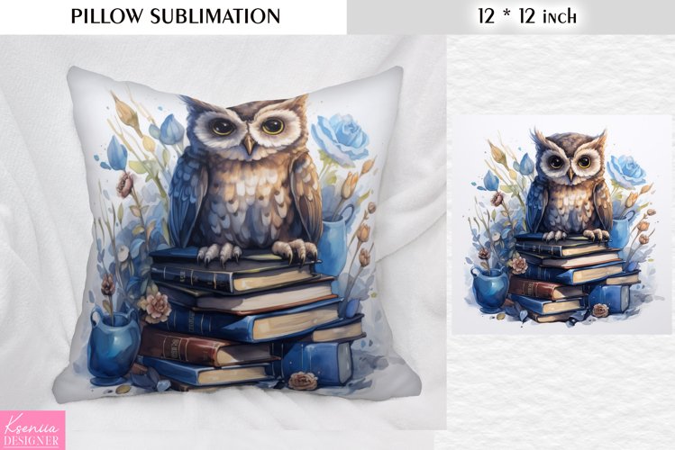 Watercolor Big Owl on the Books|Vintage Bird Pillow Design