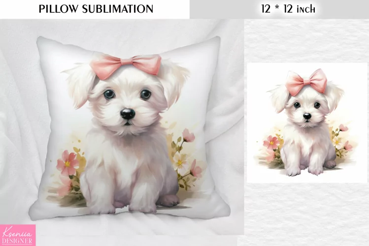 White Little Dog with Pink Bow|Animal Pillow Sublimation