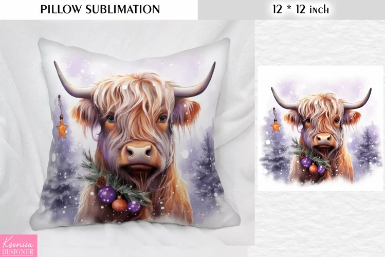 Christmas Highland Cow|Winter Pillow Sublimation