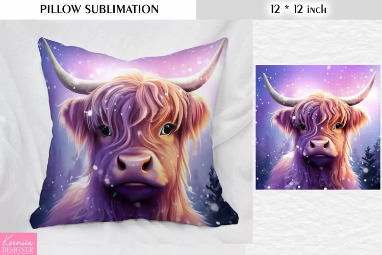 Christmas Highland Cow with Big Horns|Winter Pillow Design
