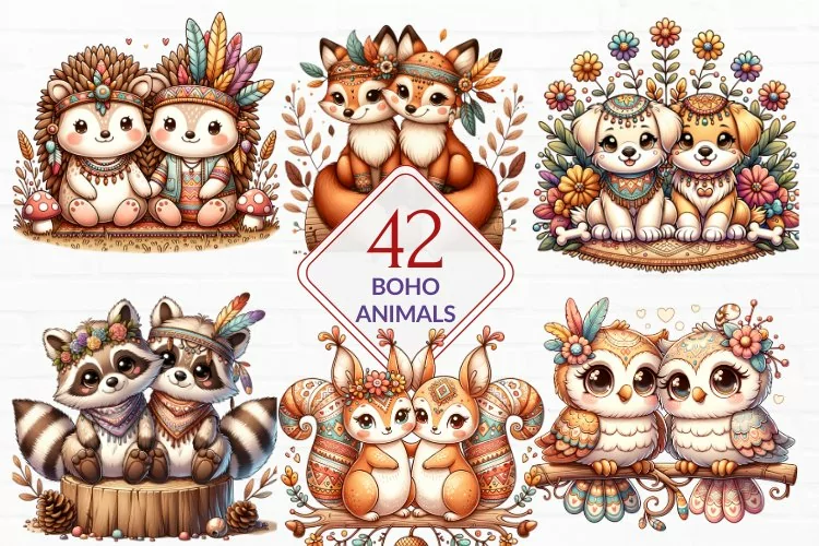 boho animal clipart, Cute boho animals sublimation