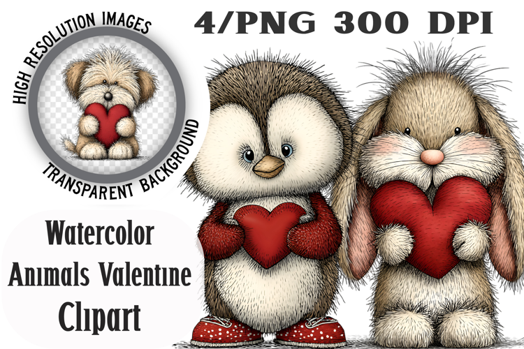 Watercolor Animals Valentine Clipart