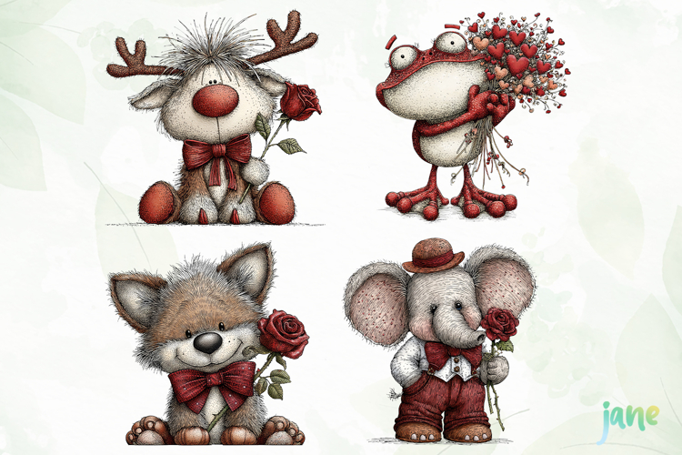 Watercolor Animals Valentine Clipart