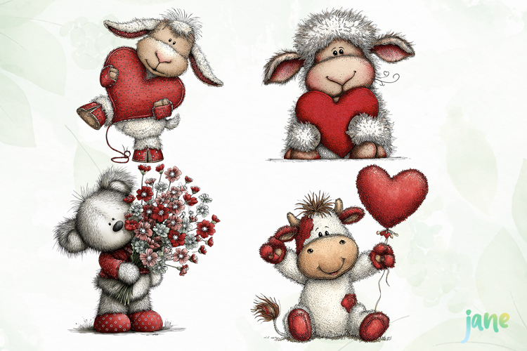 Watercolor Animals Valentine Clipart