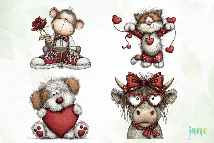 Watercolor Animals Valentine Clipart