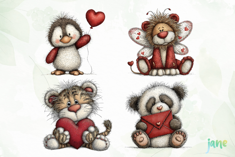Watercolor Animals Valentine Clipart