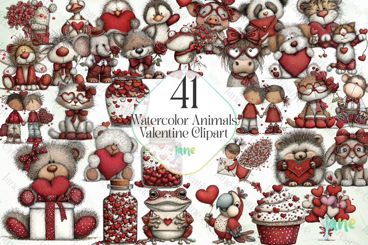 Watercolor Animals Valentine Clipart