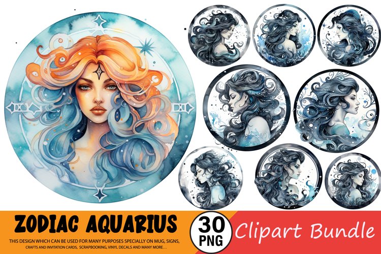 Watercolor Aquarius Zodiac Sign Clipart Bundle