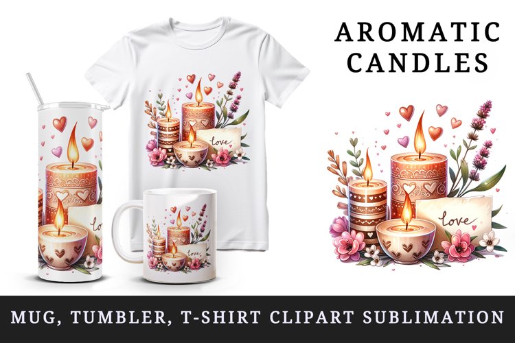 Watercolor aromatic candles with playful flames small hearts love print 20 oz tumbler skinny mug wrap clipart t-shirt sublimation printable design