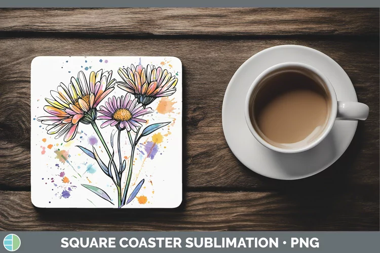 Watercolor Aster Square Coaster Sublimation Coaster Designs