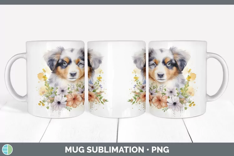 Watercolor Australian Shepherd Dog Mug Wrap | Sublimation Co