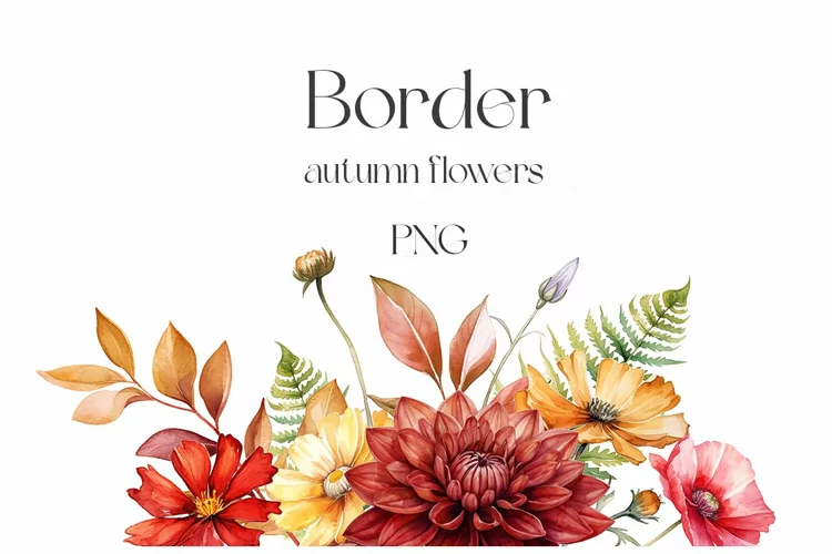 Watercolor autumn wildflowers border. Fall flowers
