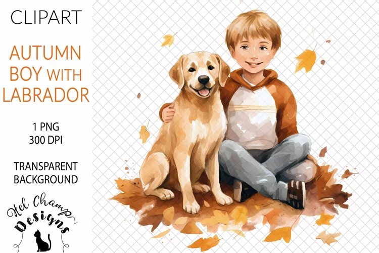 Watercolor Boy with Labrador #3 | Clipart | Sublimation