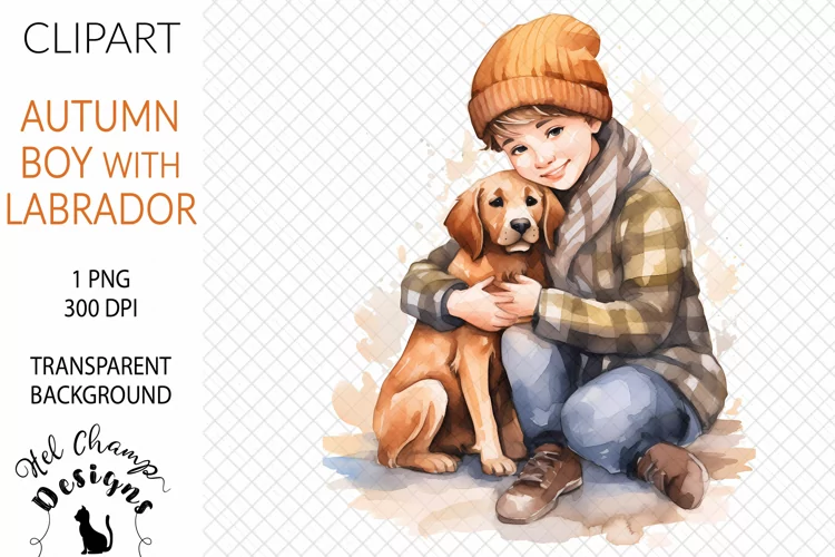 Watercolor Boy with Labrador #1 | Clipart | Sublimation