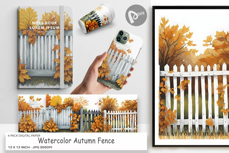 Digital Paper Watercolor Autumn Fence