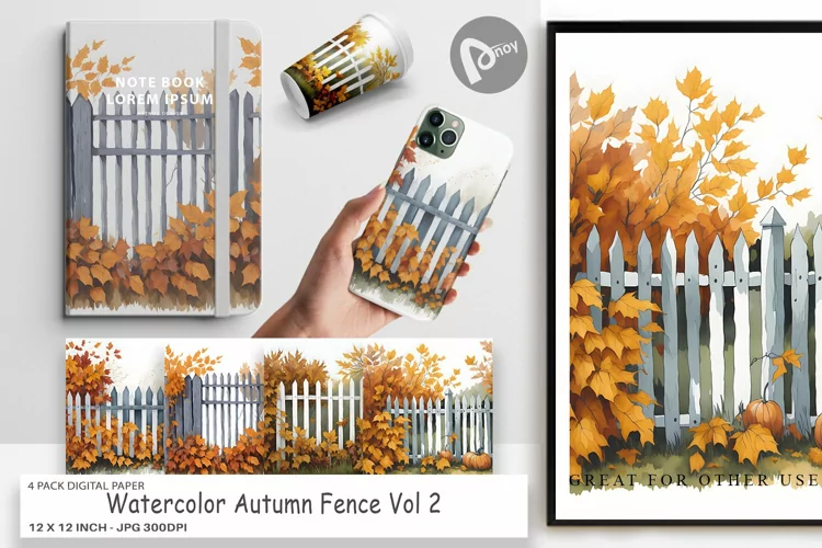 Digital Paper Watercolor Autumn Fence
