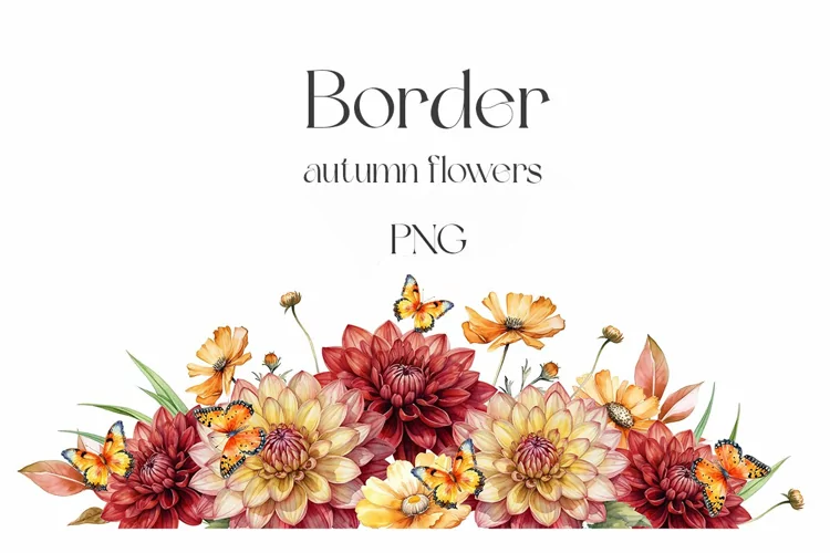 Watercolor autumn garden flowers and butterflies border