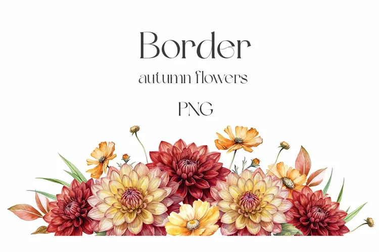 Watercolor autumn garden flowers border. Fall flowers.
