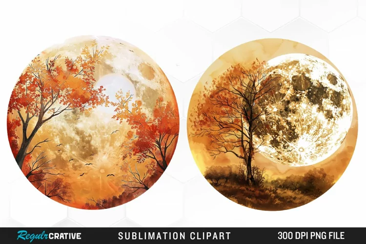 Watercolor Autumn Harvest Moons Artwork Clipart