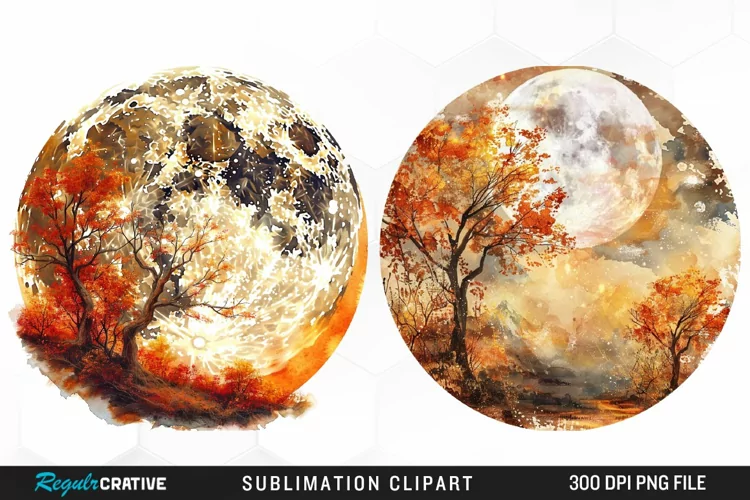 Watercolor Autumn Harvest Moon Artwork Clipart