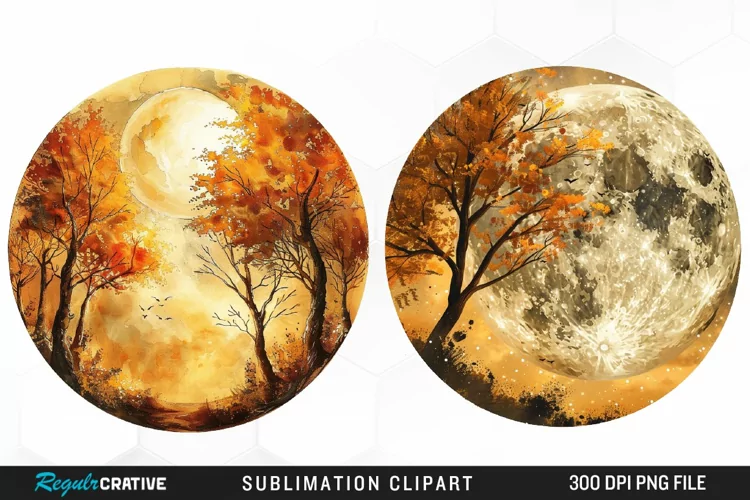 Watercolor Autumn Harvest Moons Artwork Clipart