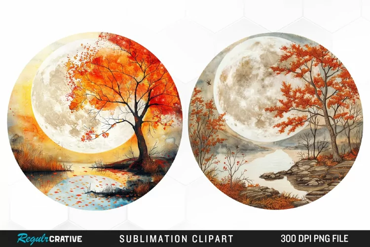 Watercolor Autumn Harvest Moon Illustration Clipart