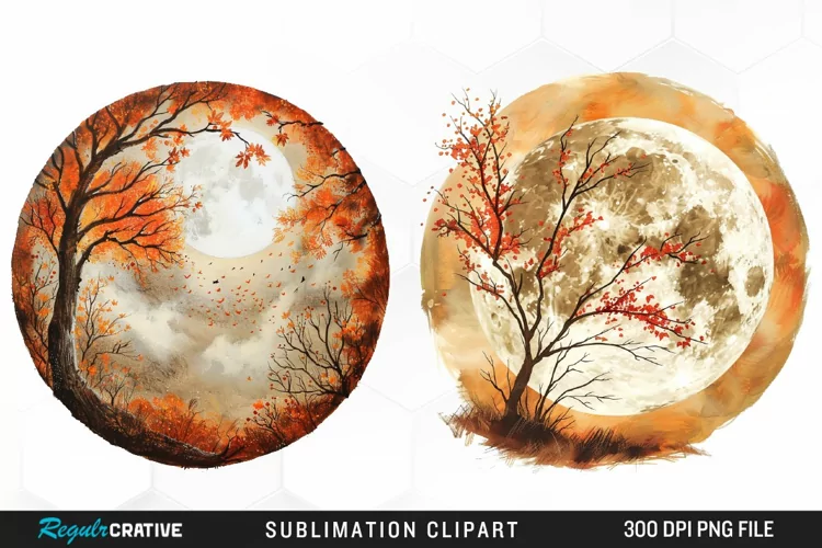 Watercolor Autumn Harvest Moon Illustration Clipart