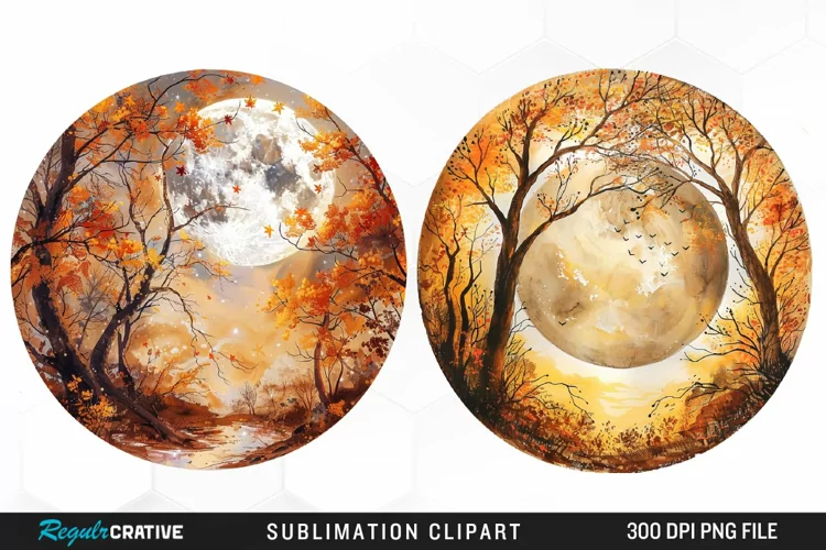 Watercolor Autumn Harvest Moon Illustration Clipart