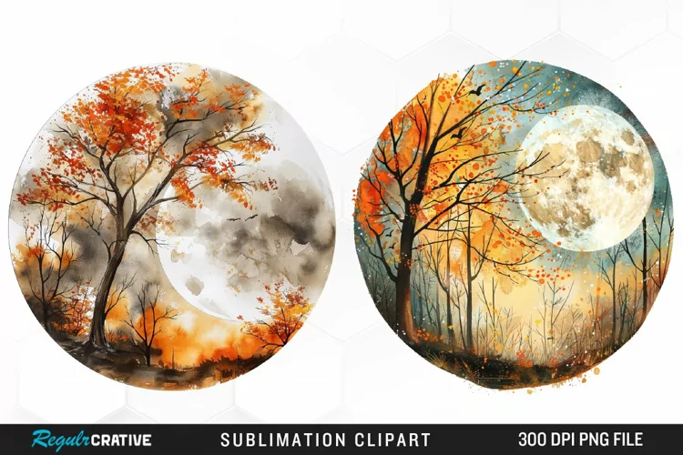 Watercolor Autumn Harvest Moon Artwork Clipart