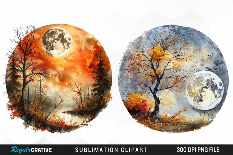 Watercolor Autumn Harvest Moon Illustration Clipart