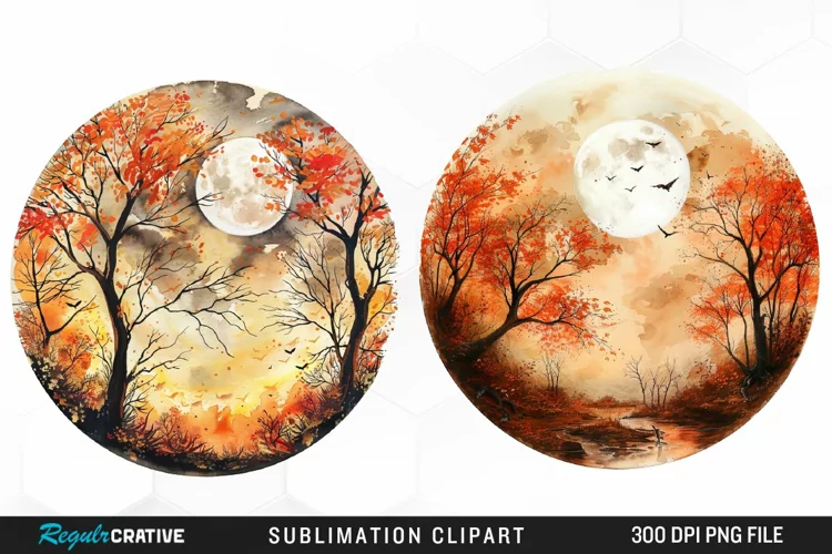 Watercolor Autumn Harvest Moon Artwork Clipart