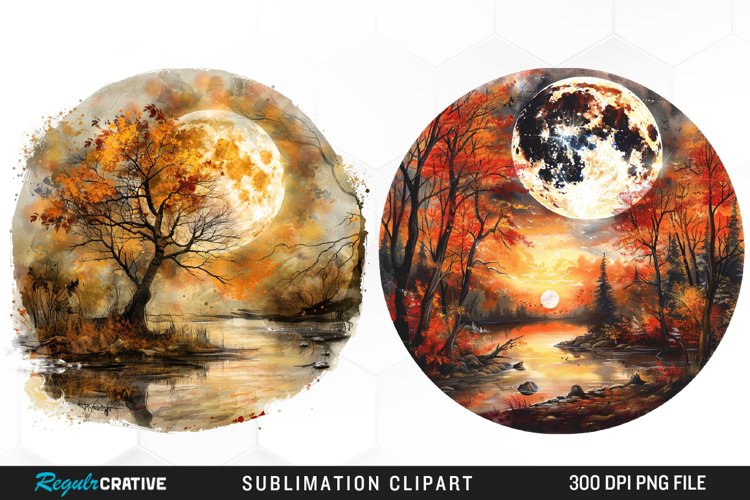 Watercolor Autumn Harvest Moons Artwork Clipart