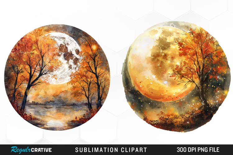 Watercolor Autumn Harvest Moon Illustration Clipart