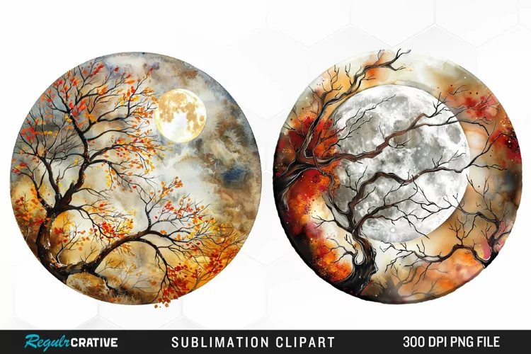 Watercolor Autumn Harvest Moon Artwork Clipart
