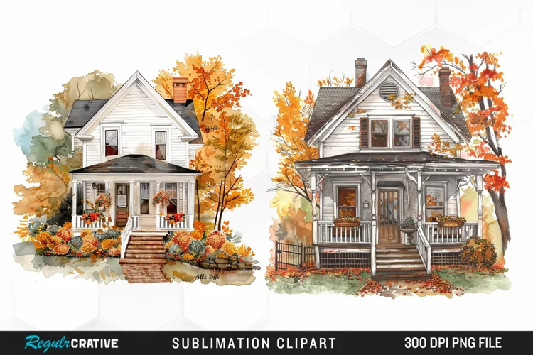 Watercolor Autumn House Porch Graphic Clipart