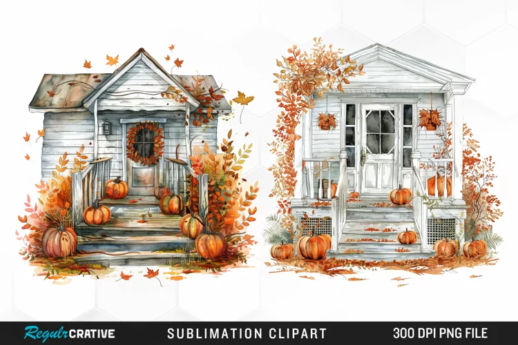 Watercolor Autumn House Porch Clipart