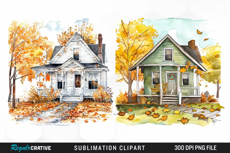 Watercolor Autumn House Porch Clipart