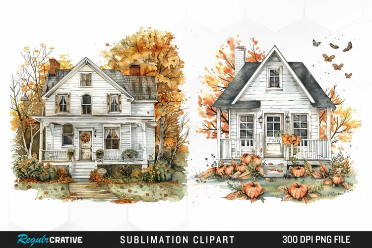 Watercolor Autumn House Porch Clipart