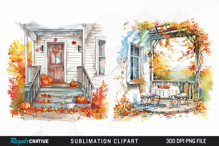 Watercolor Autumn House Porch Graphic Clipart