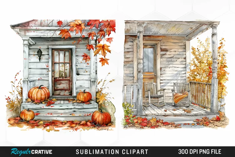 Watercolor Autumn House Porch Clipart